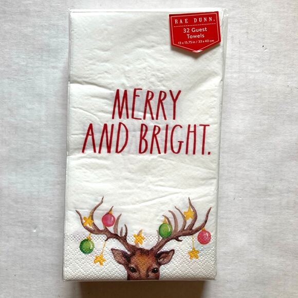 Rae Dunn 32 Guest Towels MERRY AND BRIGHT REINDEER (Red/Ivory) new - Picture 1 of 6